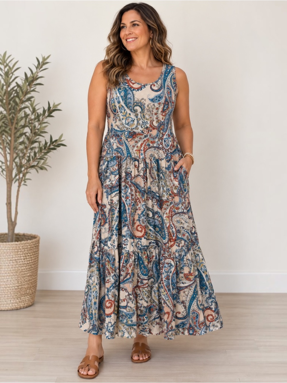 SOHO Apparel XL Paisley Tiered Maxi Dress Boho Sleeveless Stretch Blue Rust